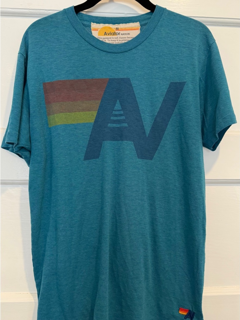 Aviator Nation Teal Short Sleeve Logo Tee with Multicolor Logo Detail